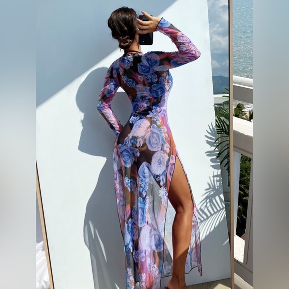 Swim Summer Beach Floral Print Split Thigh Cover Up Size M EUC - Picture 3 of 7